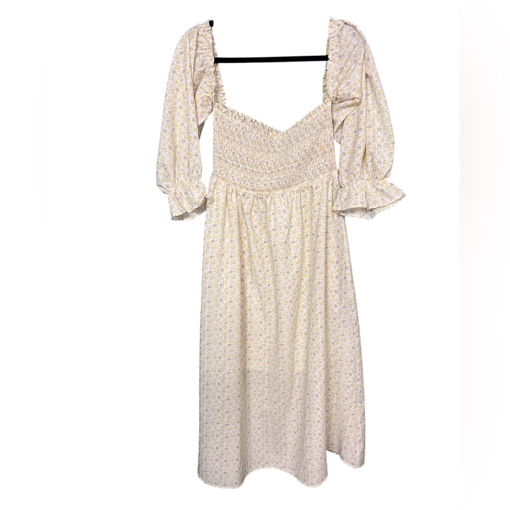 🌼✨ Cottagecore Entro Floral Smocked Midi Dress Puff Sleeve Size L ✨🌼